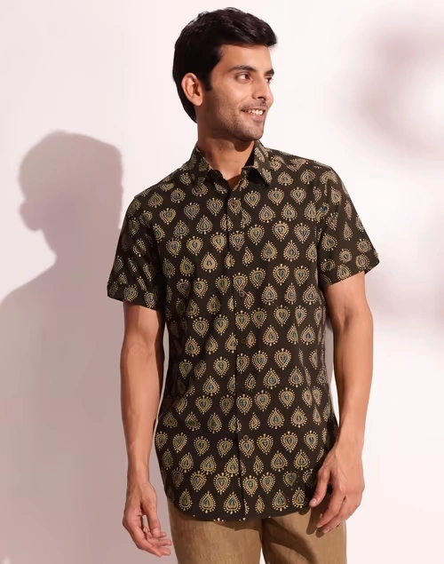 Black Cotton Ajrakh Printed Shirt