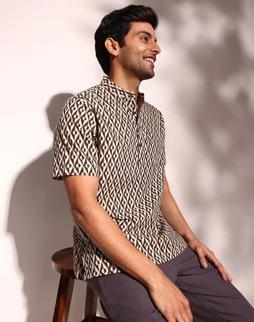 Beige Cotton Comfort Fit Mid Placket Shirt