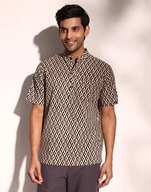 Beige Cotton Comfort Fit Mid Placket Shirt