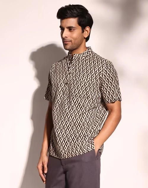 Beige Cotton Comfort Fit Mid Placket Shirt 3 Beige Cotton Comfort Fit Mid Placket Shirt