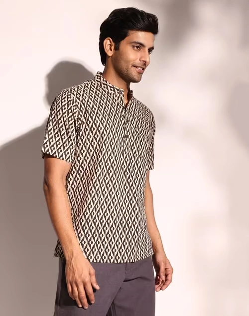 Beige Cotton Comfort Fit Mid Placket Shirt 4 Beige Cotton Comfort Fit Mid Placket Shirt