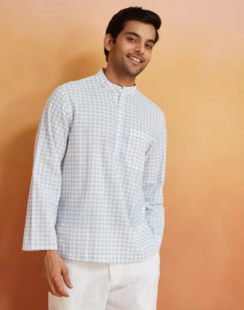 Blue Cotton Blend Printed Mid Placket Shirt