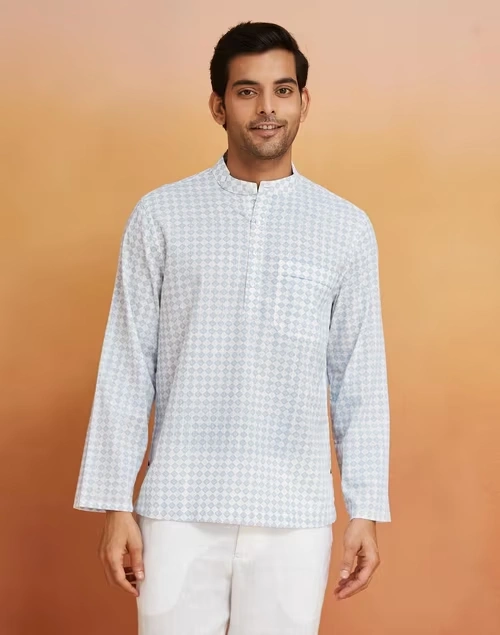 Blue Cotton Blend Printed Mid Placket Shirt