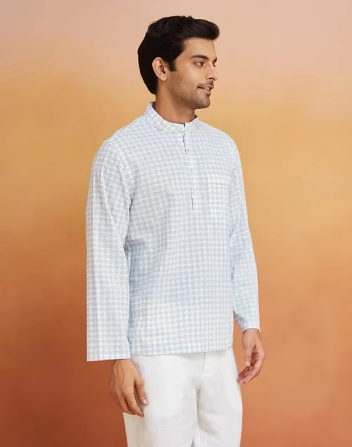 Blue Cotton Blend Printed Mid Placket Shirt 3 Blue Cotton Blend Printed Mid Placket Shirt