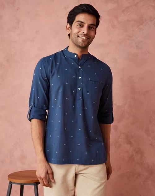 Blue Cotton Blend Printed slim Fit Mid Placket Shirt