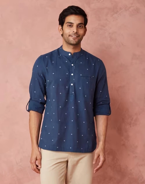 Blue Cotton Blend Printed slim Fit Mid Placket Shirt