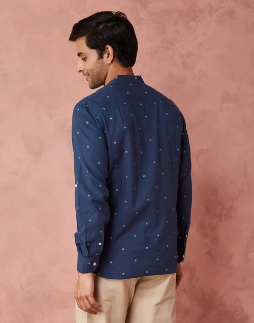 Blue Cotton Blend Printed slim Fit Mid Placket Shirt 4 Blue Cotton Blend Printed slim Fit Mid Placket Shirt