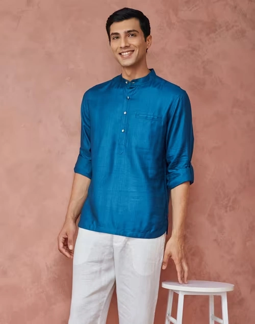 Blue Viscose Silk Slim Fit Mid Placket Shirt