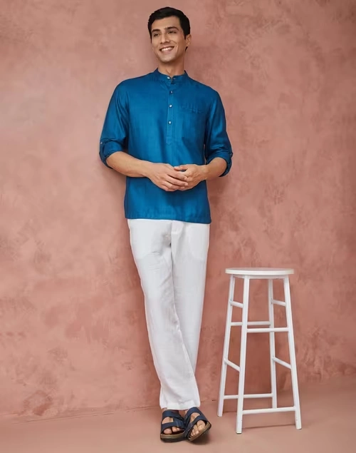 Blue Viscose Silk Slim Fit Mid Placket Shirt