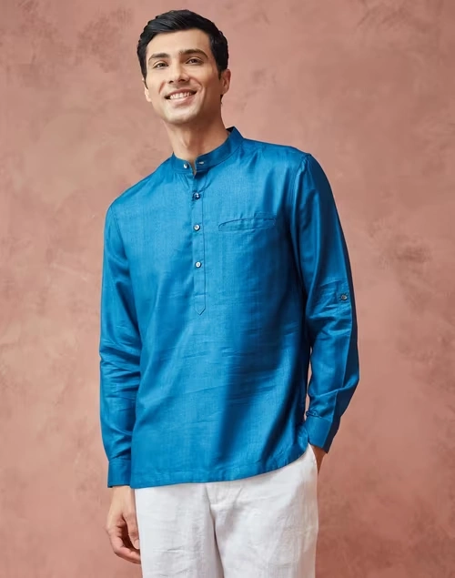 Blue Viscose Silk Slim Fit Mid Placket Shirt 3 Blue Viscose Silk Slim Fit Mid Placket Shirt