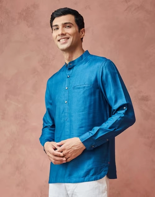 Blue Viscose Silk Slim Fit Mid Placket Shirt 4 Blue Viscose Silk Slim Fit Mid Placket Shirt