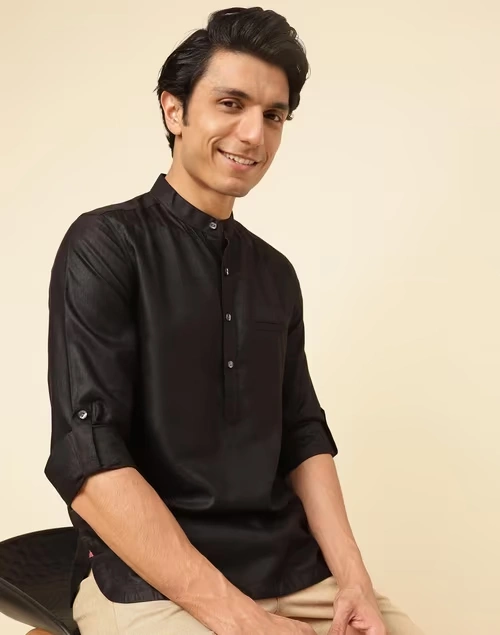 Black Viscose Silk Slim Fit Mid Placket Shirt