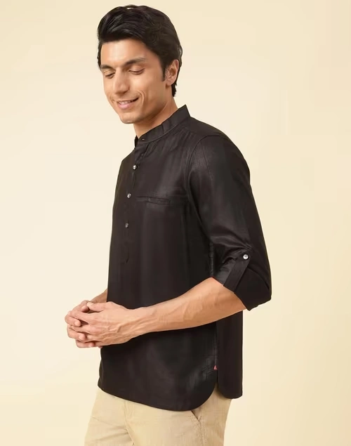 Black Viscose Silk Slim Fit Mid Placket Shirt 3 Black Viscose Silk Slim Fit Mid Placket Shirt