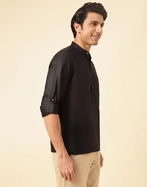 Black Viscose Silk Slim Fit Mid Placket Shirt 4 Black Viscose Silk Slim Fit Mid Placket Shirt