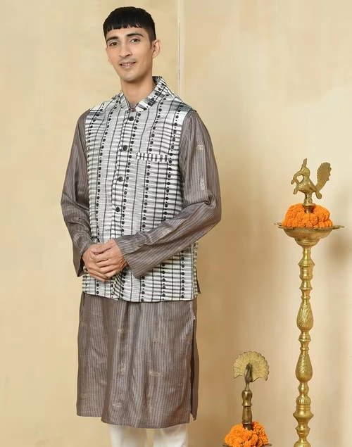Grey Cotton Silk Blend Printed Slim Fit Gilet