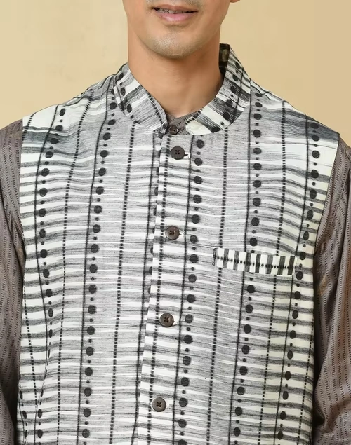 Grey Cotton Silk Blend Printed Slim Fit Gilet