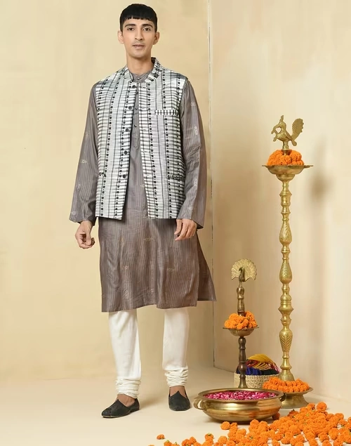 Grey Cotton Silk Blend Printed Slim Fit Gilet