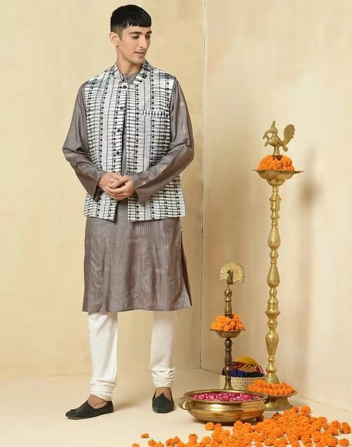 Grey Cotton Silk Blend Printed Slim Fit Gilet