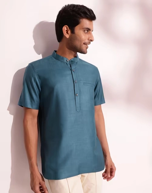 Blue Viscose Silk Slim Fit Mid Placket Shirt