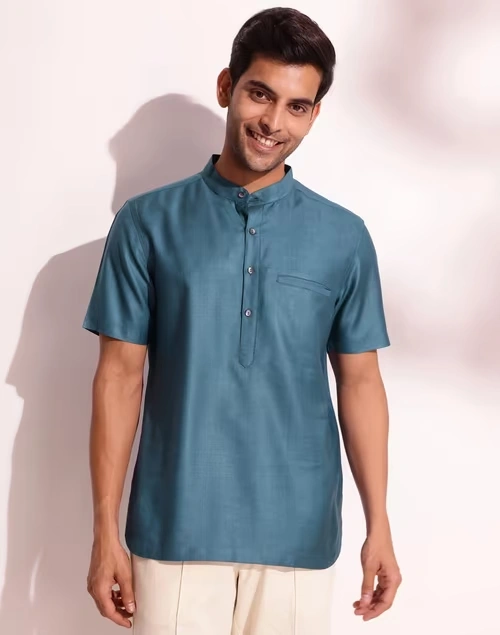 Blue Viscose Silk Slim Fit Mid Placket Shirt