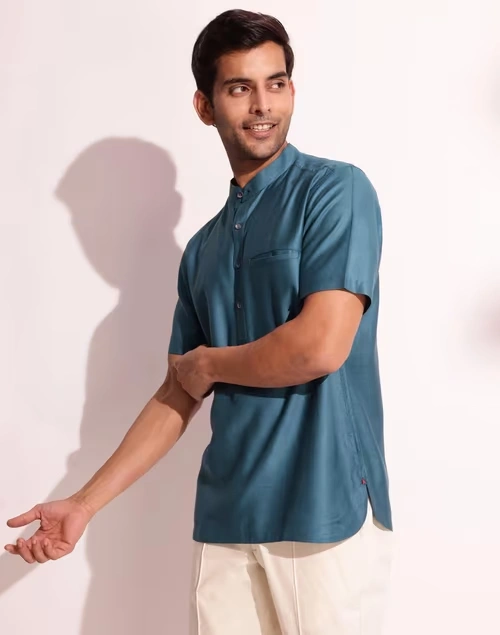 Blue Viscose Silk Slim Fit Mid Placket Shirt 3 Blue Viscose Silk Slim Fit Mid Placket Shirt