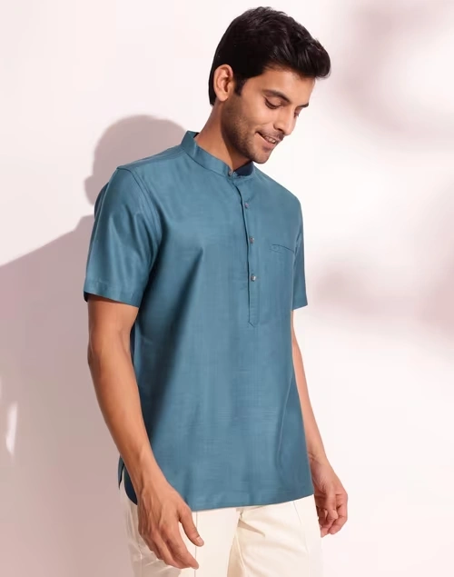 Blue Viscose Silk Slim Fit Mid Placket Shirt 4 Blue Viscose Silk Slim Fit Mid Placket Shirt