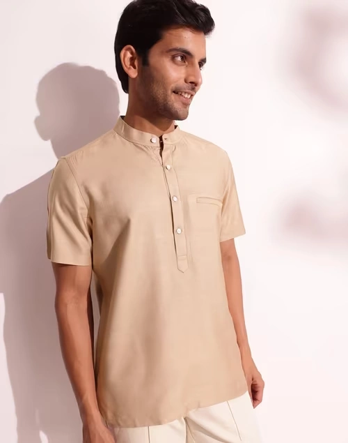 Beige Viscose Silk Slim Fit Mid Placket Shirt