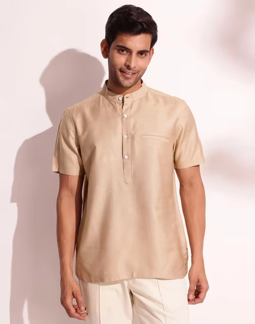 Beige Viscose Silk Slim Fit Mid Placket Shirt