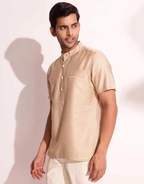 Beige Viscose Silk Slim Fit Mid Placket Shirt 3 Beige Viscose Silk Slim Fit Mid Placket Shirt