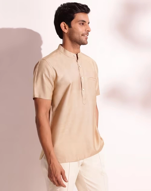 Beige Viscose Silk Slim Fit Mid Placket Shirt 4 Beige Viscose Silk Slim Fit Mid Placket Shirt
