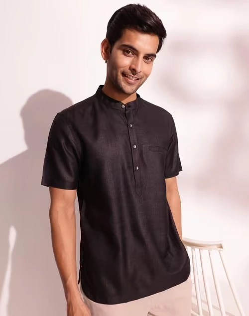 Black Viscose Silk Slim Fit Mid Placket Shirt
