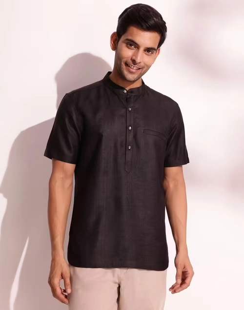 Black Viscose Silk Slim Fit Mid Placket Shirt