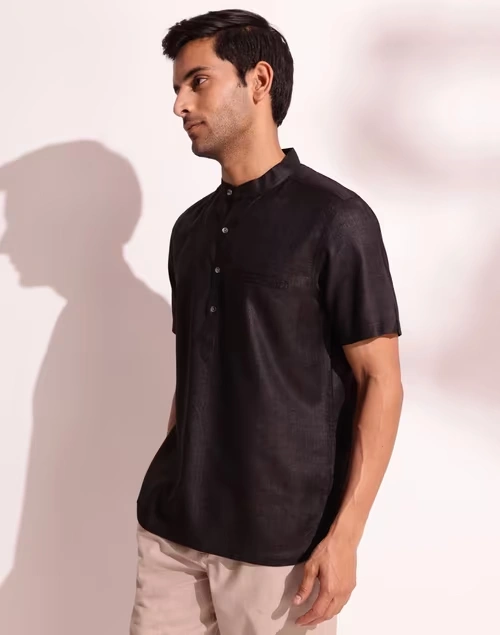 Black Viscose Silk Slim Fit Mid Placket Shirt 3 Black Viscose Silk Slim Fit Mid Placket Shirt