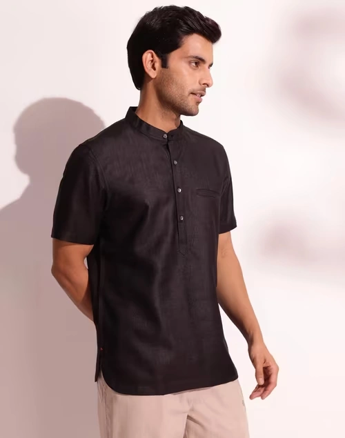 Black Viscose Silk Slim Fit Mid Placket Shirt 4 Black Viscose Silk Slim Fit Mid Placket Shirt