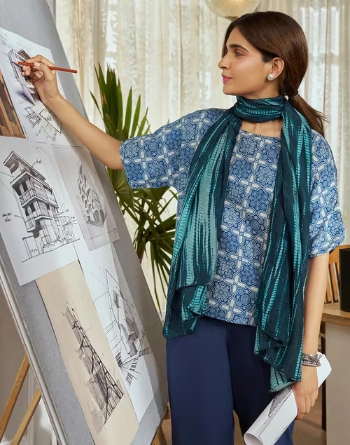 Blue Viscose Printed Top