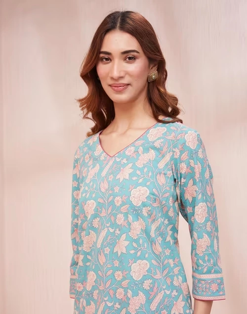 Avni Turquoise Cotton Printed Pants & Kurta Set