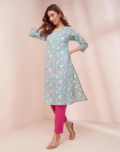 Avni Turquoise Cotton Printed Pants & Kurta Set