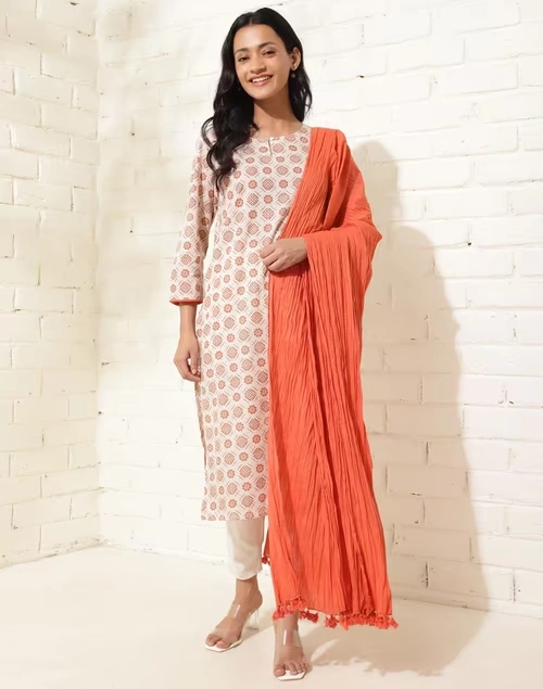 Avni White Cotton Dupatta & Printed Kurta Set 3 Avni White Cotton Dupatta & Printed Kurta Set