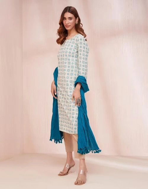 Avni White Cotton Dupatta & Printed Kurta Set