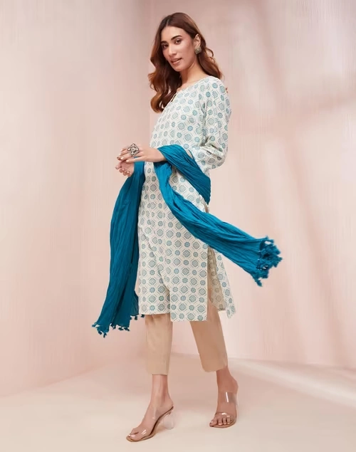 Avni White Cotton Dupatta & Printed Kurta Set