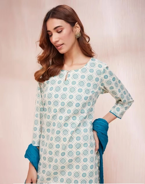 Avni White Cotton Dupatta & Printed Kurta Set 3 Avni White Cotton Dupatta & Printed Kurta Set