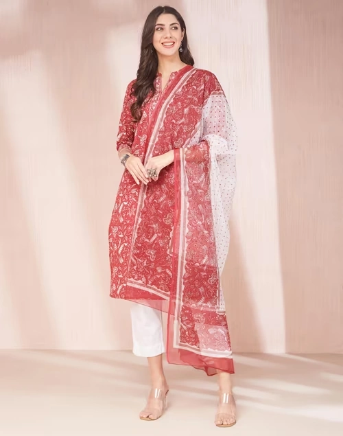 Avni Maroon Cotton Printed Dupatta & Kurta Set
