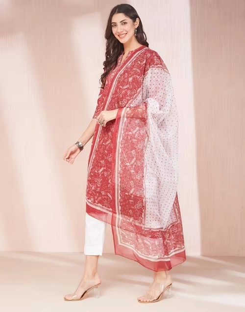 Avni Maroon Cotton Printed Dupatta & Kurta Set