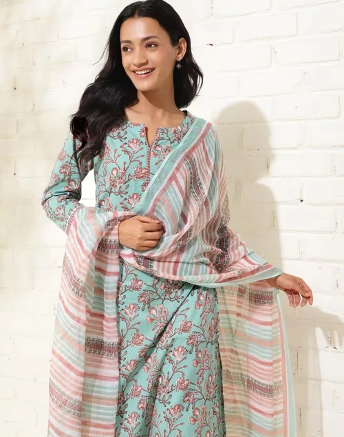 Avni Blue Cotton Printed Dupatta & Kurta Set
