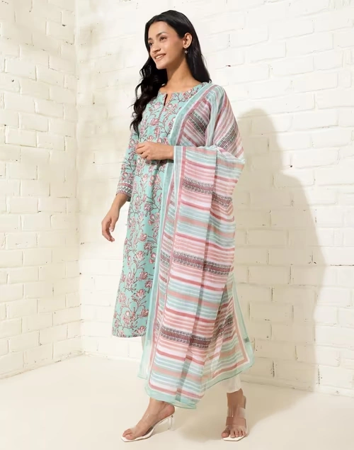 Avni Blue Cotton Printed Dupatta & Kurta Set