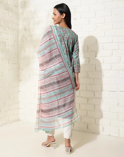 Avni Blue Cotton Printed Dupatta & Kurta Set