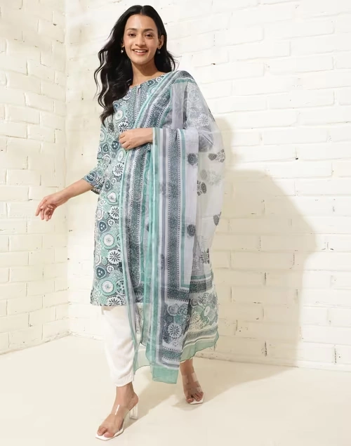 Avni Blue Cotton Printed Dupatta & Kurta Set