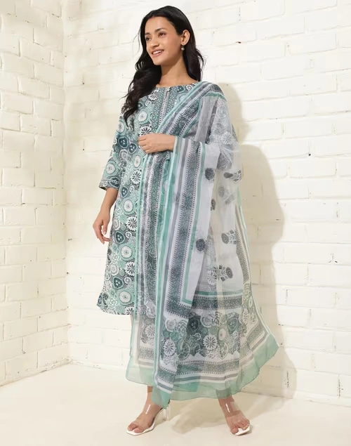 Avni Blue Cotton Printed Dupatta & Kurta Set