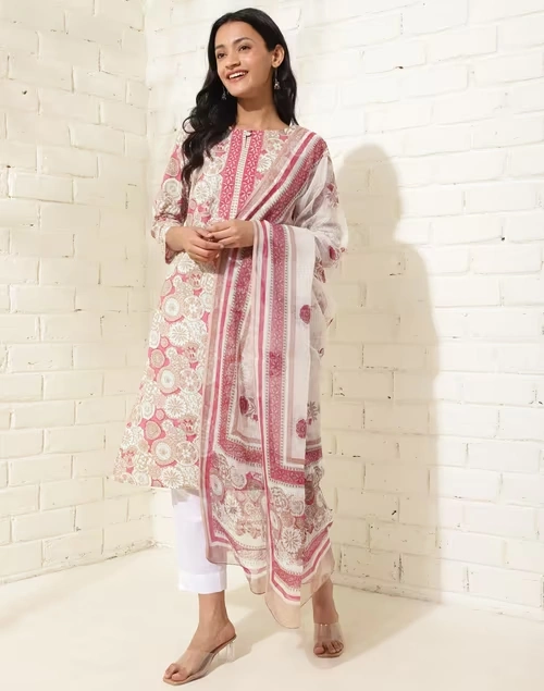 Avni Pink Cotton Printed Dupatta & Kurta Set