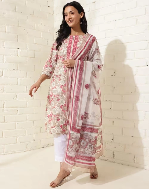 Avni Pink Cotton Printed Dupatta & Kurta Set